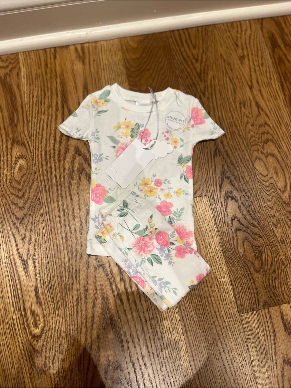 Girls Floral Short-Sleeve Pajama Set - Pink Floral on White